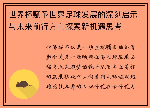 世界杯赋予世界足球发展的深刻启示与未来前行方向探索新机遇思考